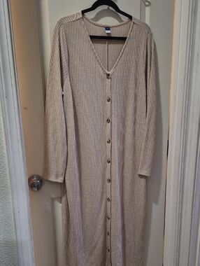 Old Navy Beige Ribbed Button-Front Long Sleeve Dress